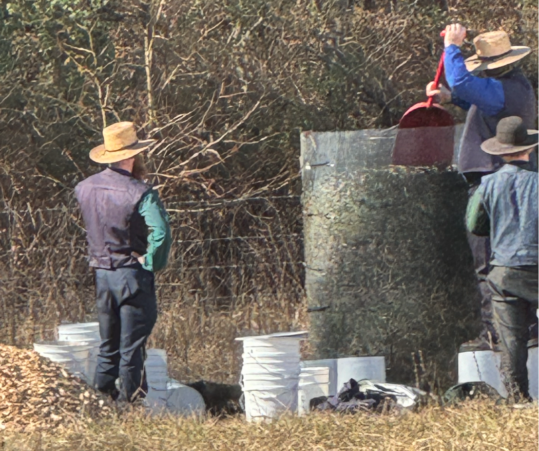 Amish farmers hand mix GROZOME compost materials on farm in 2023