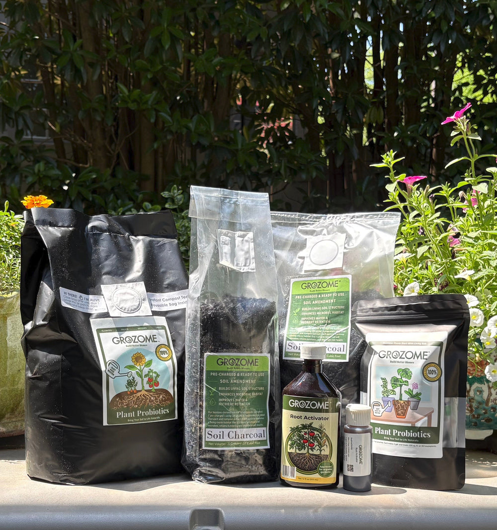 Gardening supplies including bags of soil and plants outdoors.