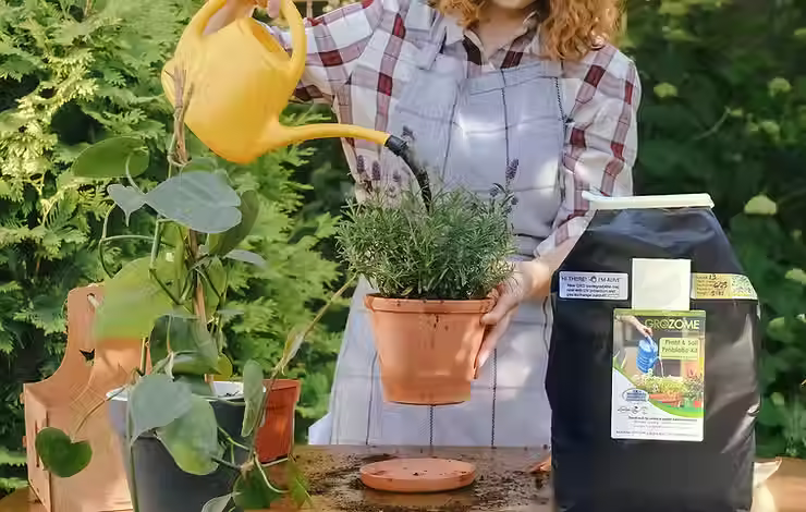 Person watering plant with compost tea microbial extract